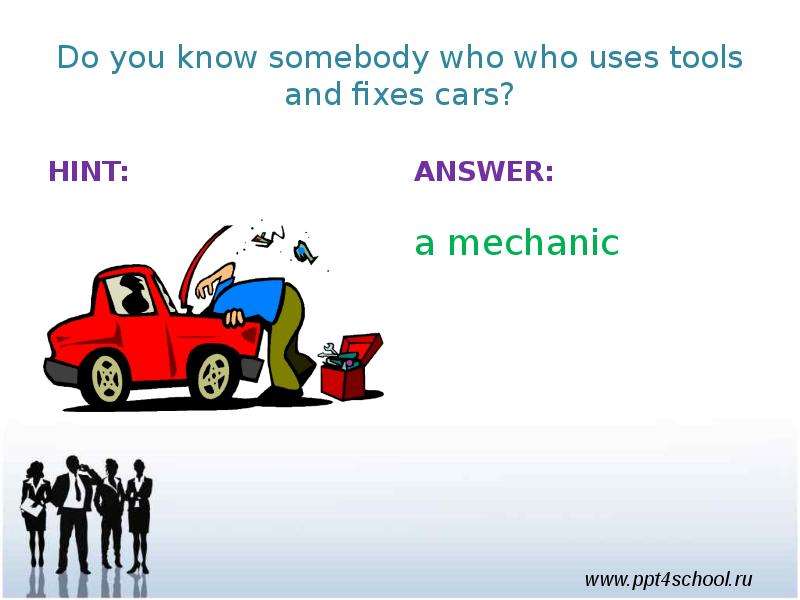 A person who Fixes cars. My dad - Fix cars выразить в PR.C В +. It's Somebody who. Hint answer.