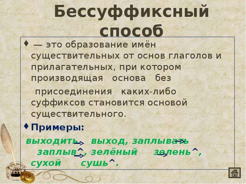 Слово образованное существительное. Бессуффиксный способ образования слов. Бессуффиксальный способ образования. Бессуффиксный способ словообразования. Примеры бессуффиксального способа образования слов.