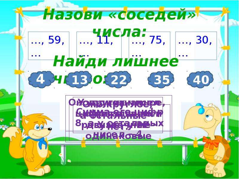 Назови 4 числа. Соседи чисел 3 класс двузначные числа. Назовите соседей числа устный счёт 2 класс презентация. Найди лишнее число 4 13 22 35 40. Назови 4 чисел.