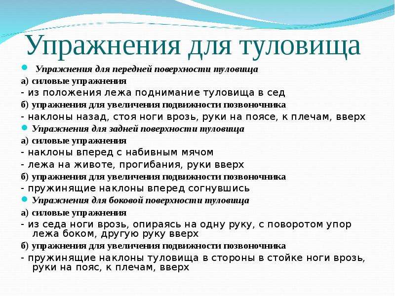 Перечень занятий. Упражнения для туловища. Упражнения на туловище гимнастика. Упражнения для туловища по физкультуре. Упражнения для туловища для детей.