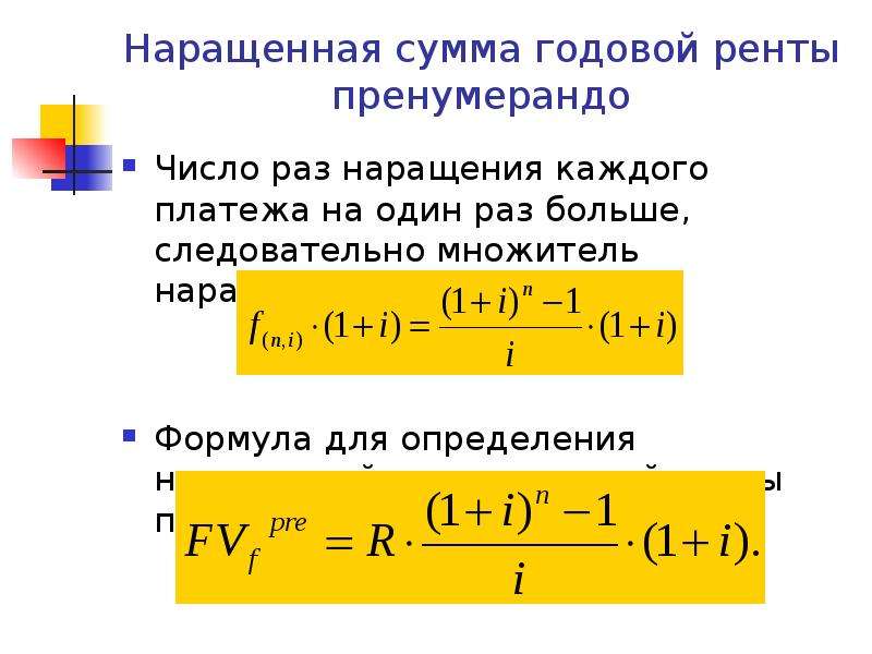 Сумма наращенных процентов. Аннуитет рента пренумерандо. Рента постнумерандо формула. Формула наращенной суммы s простой ренты пренумерандо имеет вид. Формулы наращенной суммы годовой ренты постнумерандо.