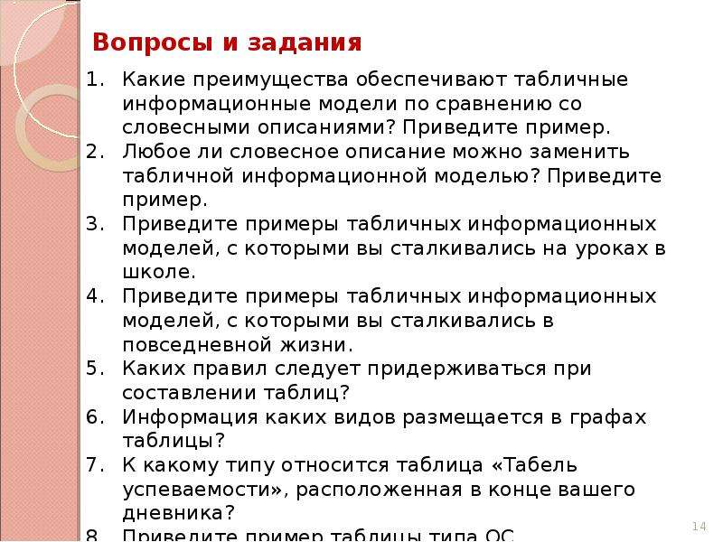 Вопросы к главе классы. Примеры табличной модели и словесной. Каких правил следует поддерживаться при составлении таблиц. Пример табличной информационной модели и словесной. 7. Каких правил следует придерживаться при оформлении таблиц?.