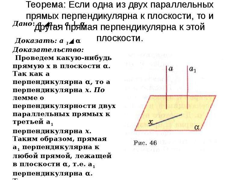 Параллельные прямые перпендикулярные к плоскости. Теорема о перпендикулярности двух параллельных прямых к плоскости. Если одна из двух параллельных прямых перпендикулярна к плоскости. Если одна из двух параллельных прямых перпендикулярна к плоскости то. Если одна из двух параллельных прямых перпендикулярна.