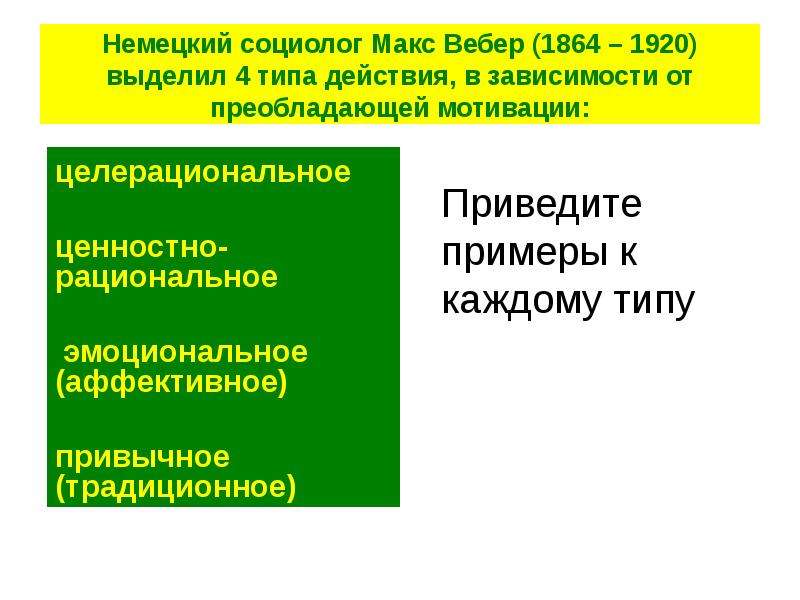 Типы действий. Пример целерационального действия по Веберу. Целерациональное ценностно-рациональное традиционное аффективное. Макс Вебер ценностно рациональное. Типы деятельности по Веберу.