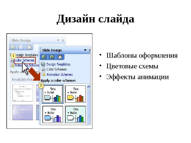 К дизайну слайда не относится эффект анимации цветовая схема шаблон оформления