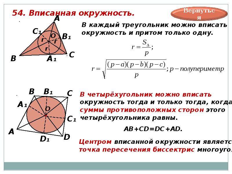 Какая окружность является вписанной в треугольник. Полупериметр вписанной окружности. Радиус окружности вписанной около треугольника через полупериметр. Вписанные и описанные окружности свойства и теоремы. Радиус описаной окружности в треугольник.