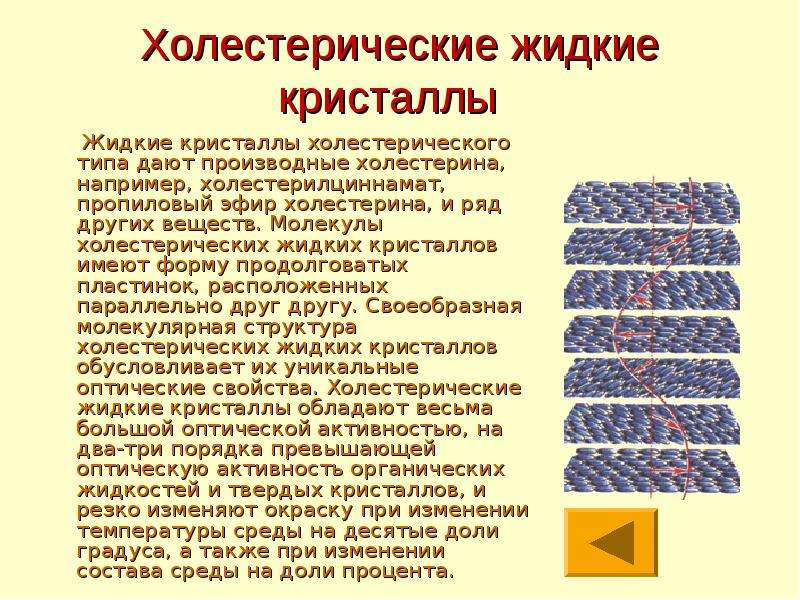 Почему жидкие. Холестерические жидкие Кристаллы. Жидкие Кристаллы презентация. Холестерический Тип жидких кристаллов. Форма молекул жидких кристаллов.