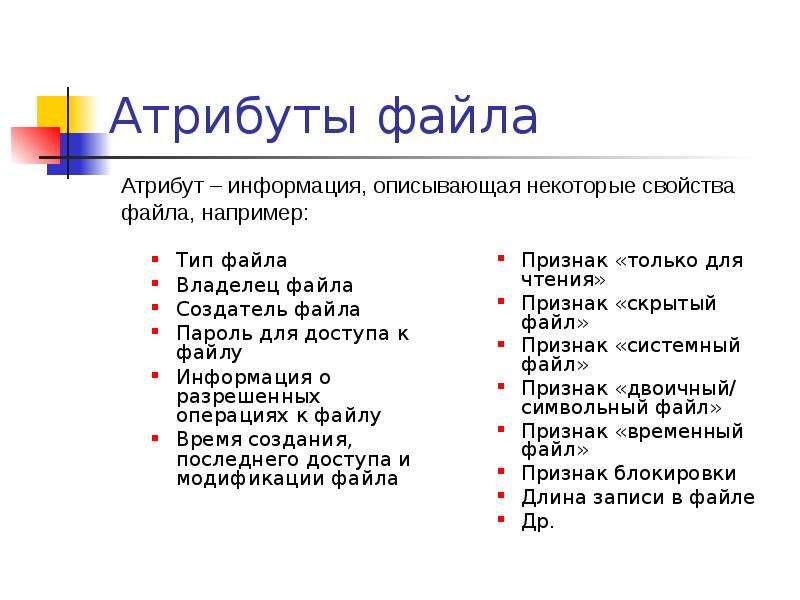 Файл владельца. Файл его атрибуты и виды файлов операции с файлами. Основные атрибуты файла в информатике. Типы атрибутов. Отметьте атрибуты файла.