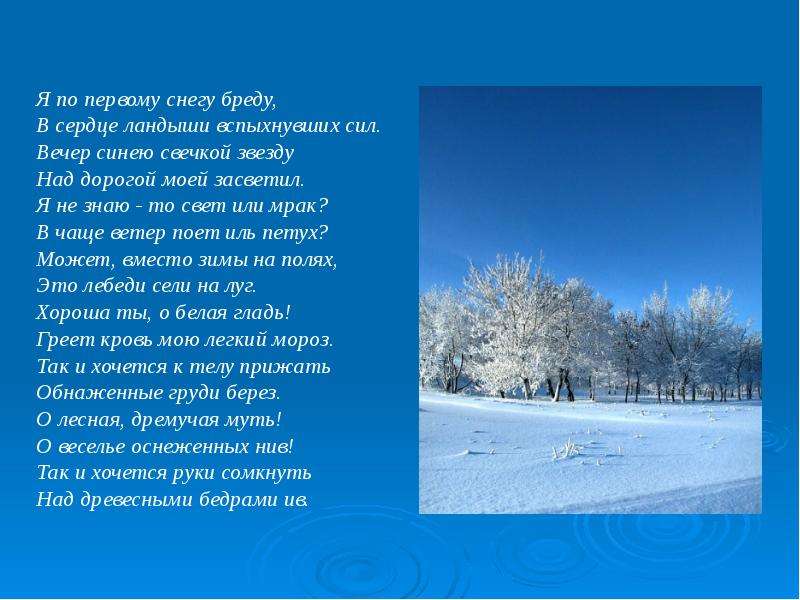 Стих 1 снег. Стихотворение Есенина я по первому снегу бреду. Стихотворение о первом снеге. Я по первому снегу бреду в сердце Ландыши вспыхнувших сил.