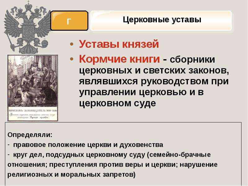 Правовое положение церкви. Уставы князей. Устав Всеволода. Церковные уставы Кормчая книга. Церковный устав в управлении.