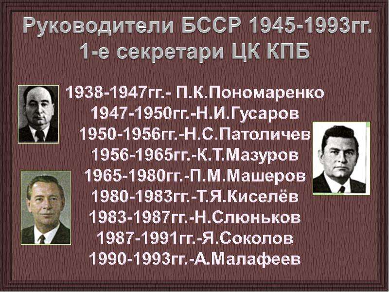 Во второй половине 1980 х. Руководители БССР. Первые секретари БССР. Политические деятели СССР второй половины 1980-х гг. Глава белорусской ССР 1991.