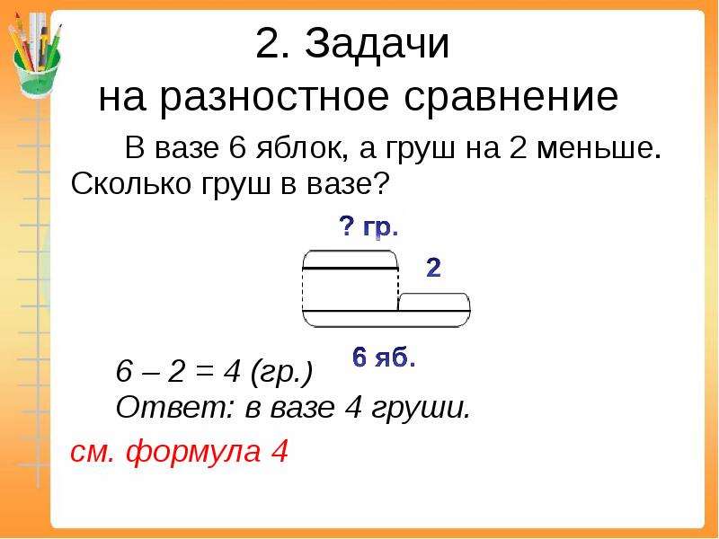 Решить задачу на сравнение. Задачи на разностное сравнение решение задач 1 класс. Решение задач на разностное сравнение 2 класс. Задачи на разностное сравнение схема. Оформление задач на разностное сравнение.