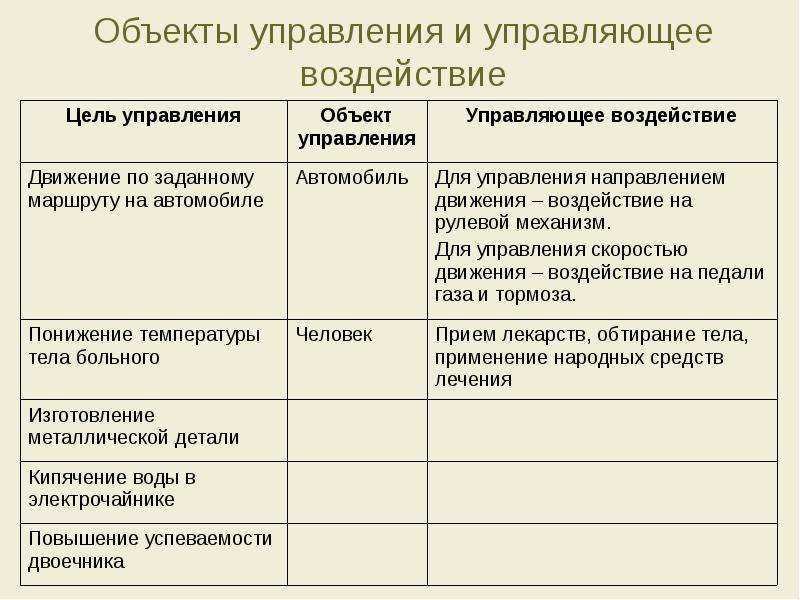 Объекты управляющего воздействия. Управляющий объект и объект управления. Управляющий объект объект управления цель управления. Объекты управления и управляющее воздействие таблица. Таблица объекты управления и управляющее воздействие таблица.