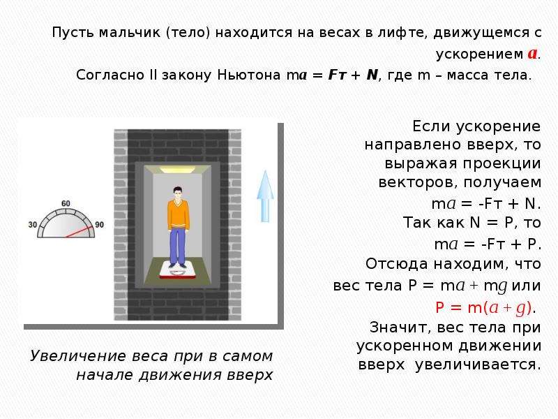 На сколько увеличится масса тела. Вес тела при ускоренном движении. Изменение веса тела при ускоренном движении. Вес тела при движении вверх. Вес тела в лифте.