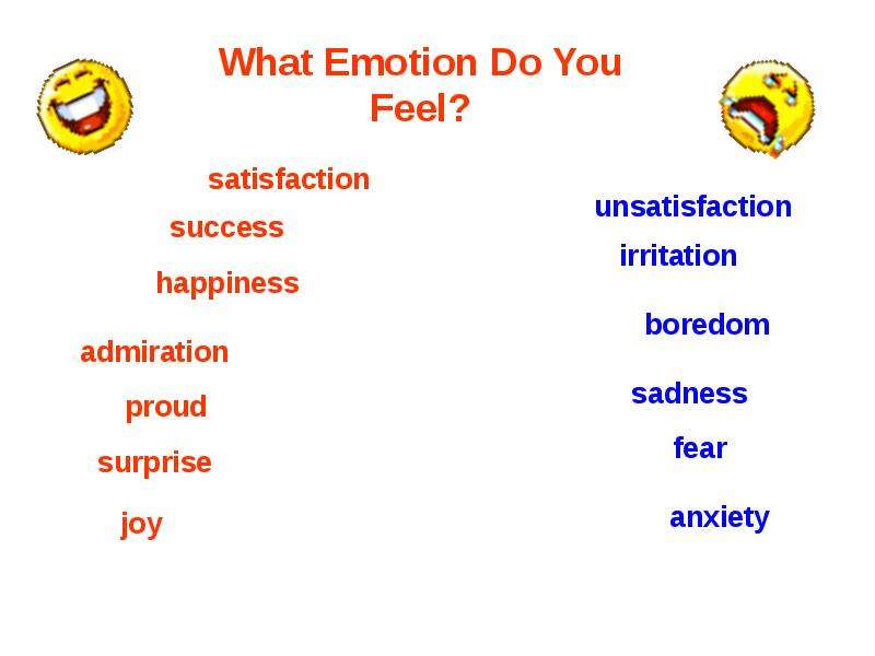 What ;-) emotions. What emote. What emotion is it. What emotions do you feel satisfaction. Feeling of satisfaction