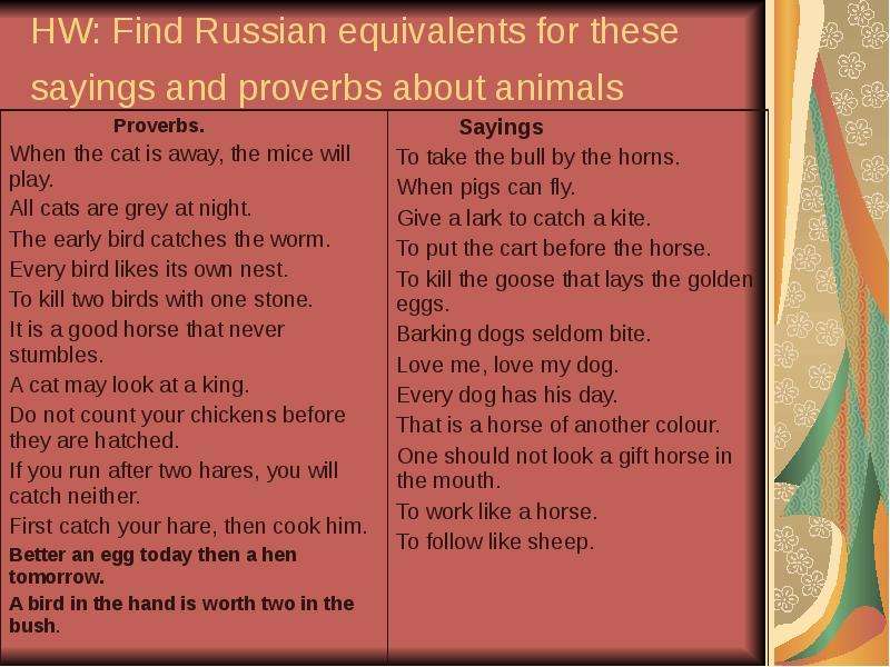 Give russian equivalents to the following. Proverbs and sayings. Animals Proverbs. Proverbs about Pets. Proverbs about animals.