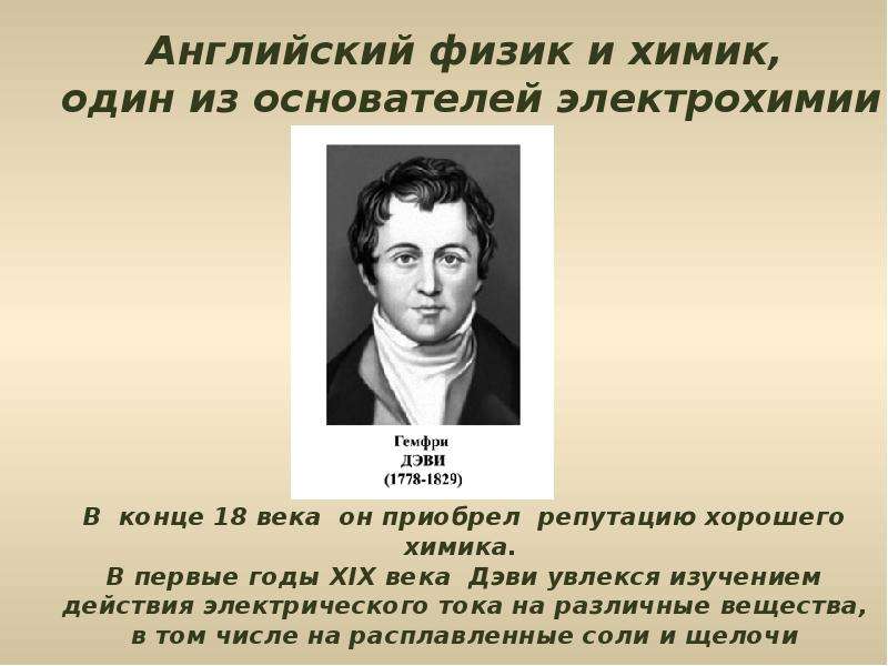 Английский физик. Сообщение о жизни и деятельности х.Дэви. Кто открыл электролиз. Дэви физик открытия в физике.