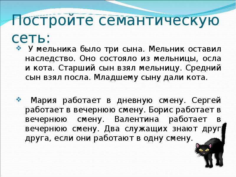 Три оставить. Семантическая сеть у Мельника было три сына. Построить семантическую сеть у Мельника было три сына. Что получил в наследство младший сын Мельника. Задача мельница кот осел.