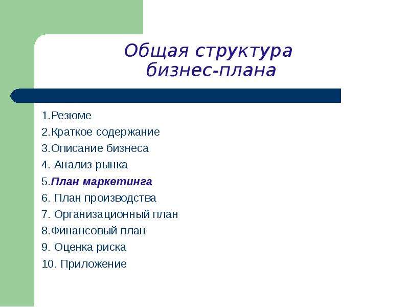 Общая структура и краткое содержание бизнес плана