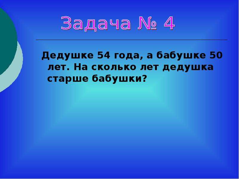 Сколько дедушке лет. Дедушке 54 года а бабушке. Дедушке 54 года а бабушке 50 лет на сколько лет дедушка старше бабушки. Задача сколько лет дедушке. Задача сколько лет бабушке.