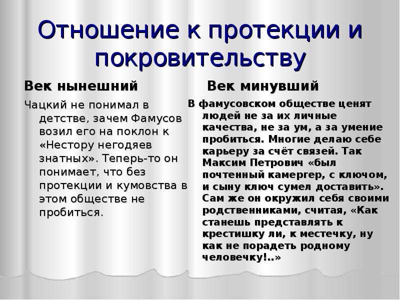 Отношение к иностранному. Отношение к покровительству и протекции век нынешний Грибоедов. Век нынешний Чацкий и век минувший Фамусов горе от ума. Век нынешний минувший Грибоедов. Век нынешний век минувший Чацкий фамусовское общество.