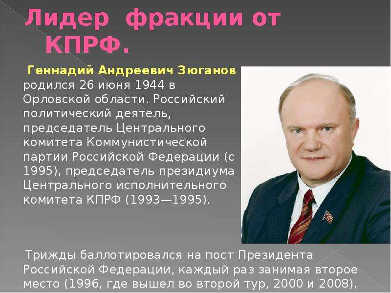Политический лидер доклад. Председатель центрального комитета Коммунистической партии РФ. Зюганов 1999.