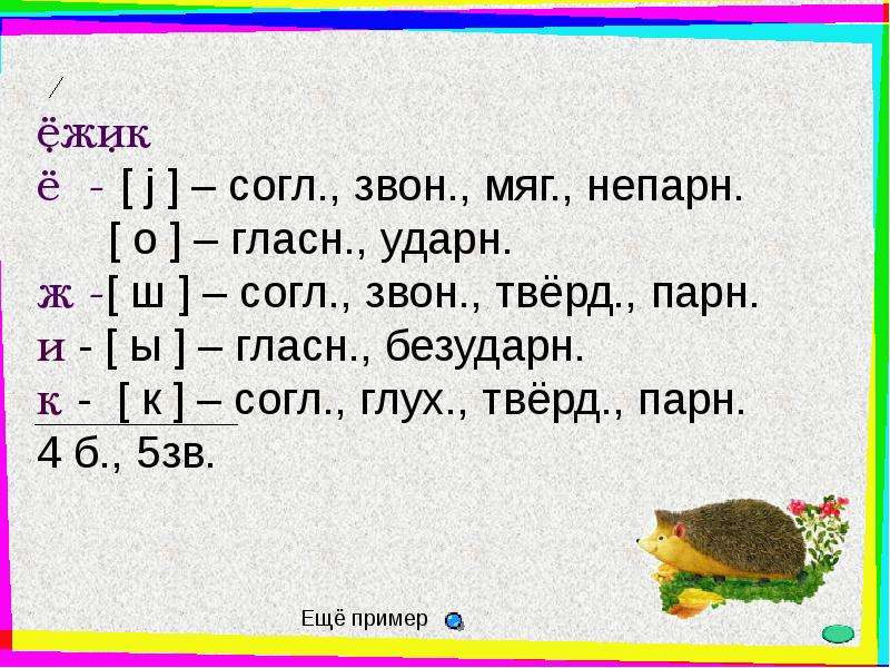 Ежик звуко буквенный разбор слова 1 класс схема