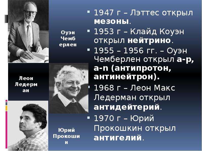 Кто открыл пи. Оуэном Чемберленом физик. Оуэн Чемберлен. Чемберлен антипротон. Нейтрино год открытия.