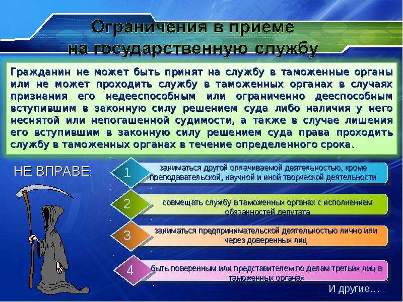 Ограничение приема. Особенности государственной службы в таможенных органах. Запреты на службе в таможенных органах. Ограничения на службе в таможенных органах. Требования к сотрудникам таможенных органов.