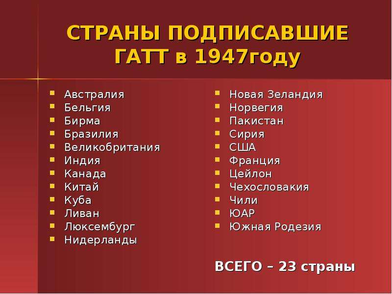 Страны участвовали. Участники ГАТТ 1947. ГАТТ 1947 страны участницы. ГАТТ страны участницы. Страны ГАТТ 1994.