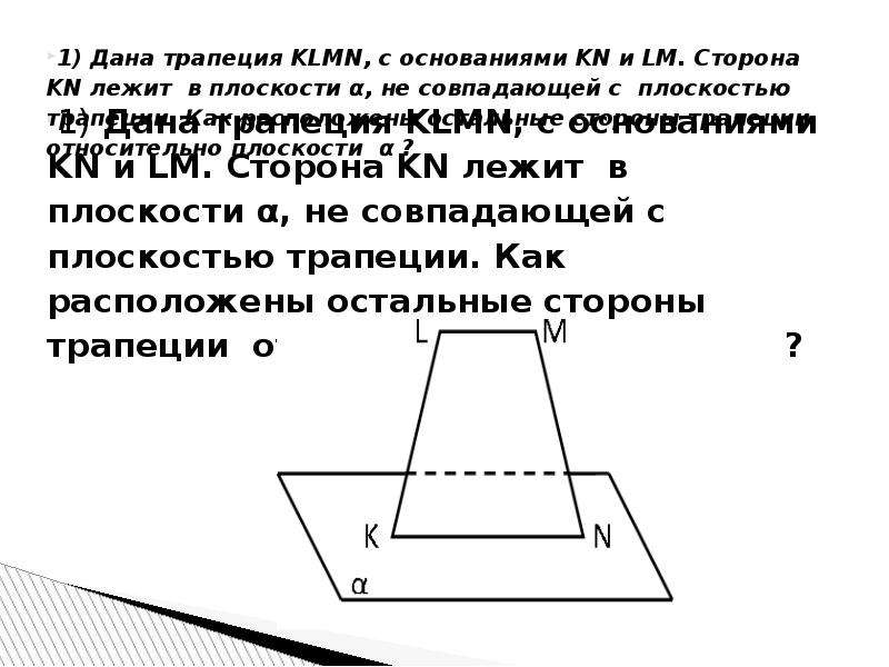 Плоскость альфа параллельна стороне. Боковые стороны трапеции параллельны плоскости. Боковые стороны трапеции параллельны плоскости Альфа. Трапеция параллельная плоскости. Боковые стороны трапеции параллельны плоскости рисунок.