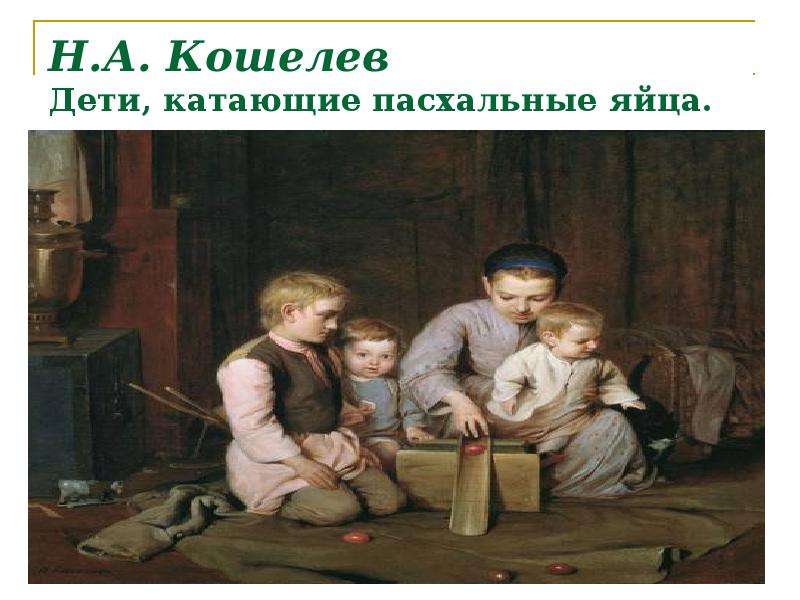 


Н.А. Кошелев 
Дети, катающие пасхальные яйца. 1855 
