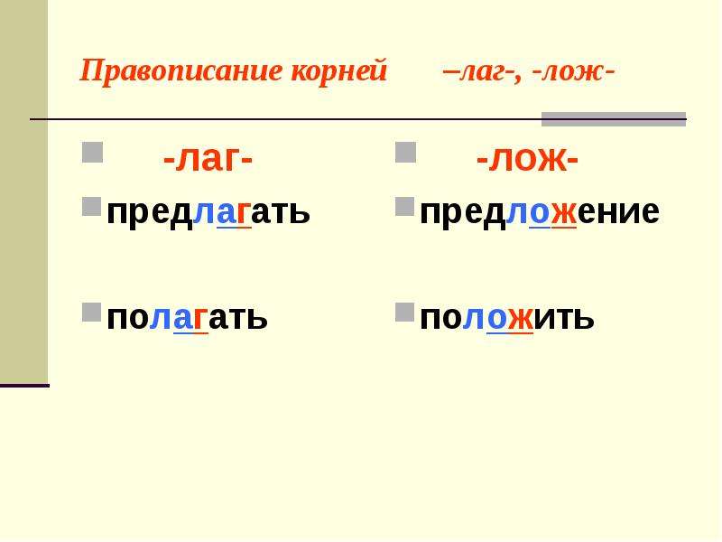 Полагаем и предлагаем. Правописание корней лаг лож. Правописание корней лаг лаг. Слова с корнем лаг лож. Правописание лаг лож в корне.