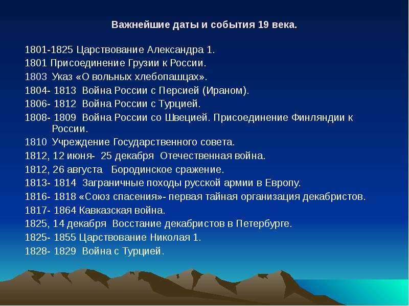 Важнейшие даты и события 19 века. 1801-1825 Царствование Александра 1. 1801 Присоединение Грузии к Р