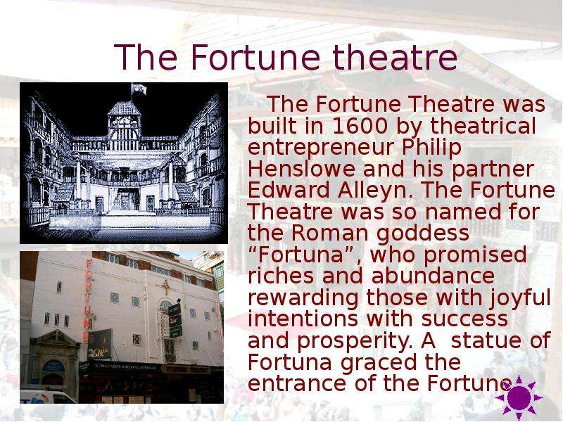 Тема театр на английском. Презентация про театр на английском. Лондонские театры презентация. The Fortune Theatre. Лондонские театры презентация на англ языке.