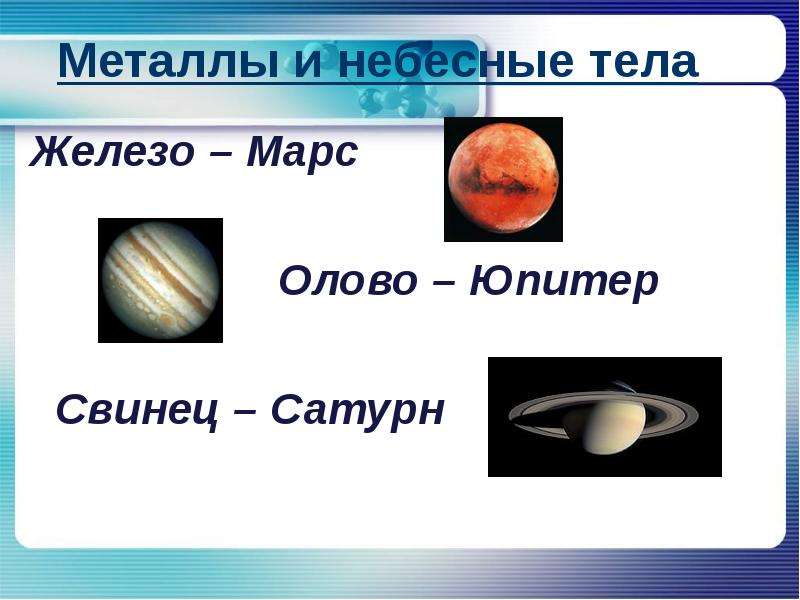 Металлы и небесные тела Железо – Марс Олово – Юпитер Свинец – Сатурн