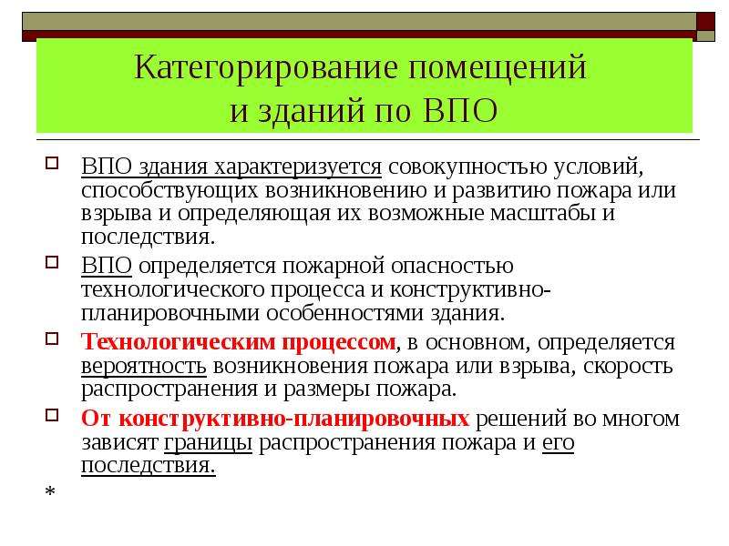 Категорирование помещений. Обстоятельства способствующие развитию пожара. Категории помещений и зданий по по и ВПО. Категорирование выделенных помещений.