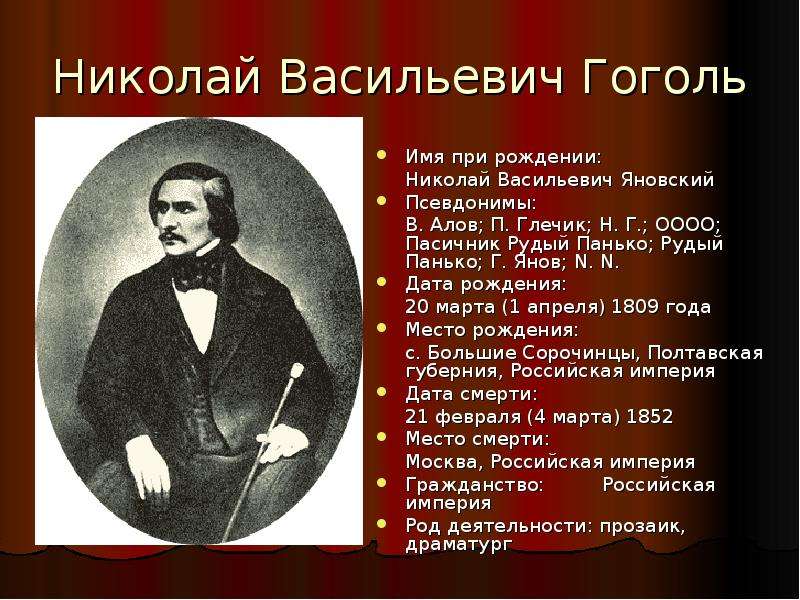 Назовите фамилию николая васильевича при рождении. Псевдоним Гоголя.