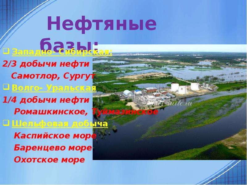 Нефтяные базы: Западно- Сибирская: 2/3 добычи нефти Самотлор, Сургут Волго- Уральская 1/4 добычи неф