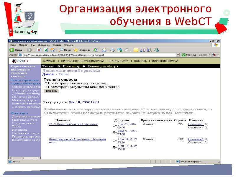 Еду точка электронная образования. WEBCT. Web CT. Электронное обучение 159.