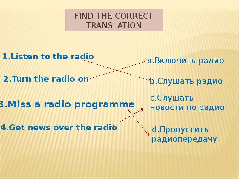 Correct translation. Listen to a Radio или the. Find перевод. Correct перевод. Translation is correct.