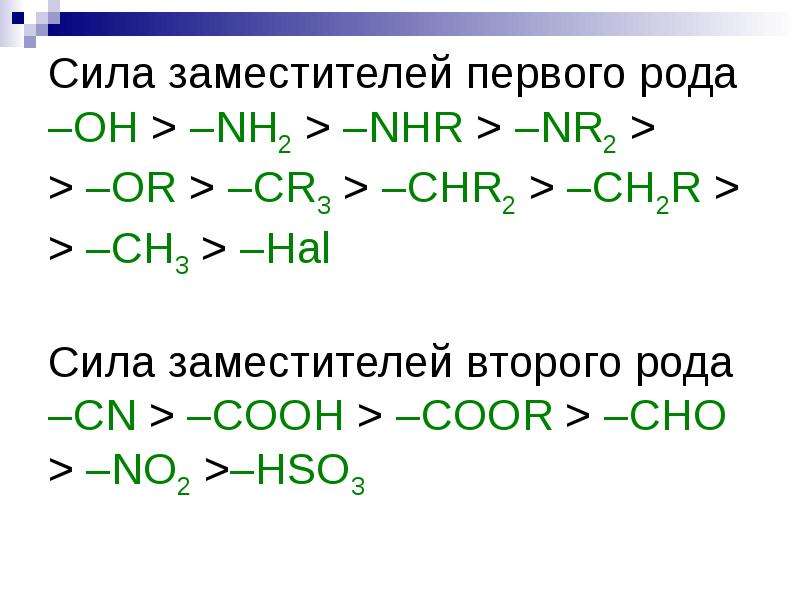 Первый род второй род. Химия заместители 1 и 2 порядка. Заместители бензола 1 и 2 рода таблица. Заместители бензола 1 и 2 рода. Заместители первого и второго порядка в химии.