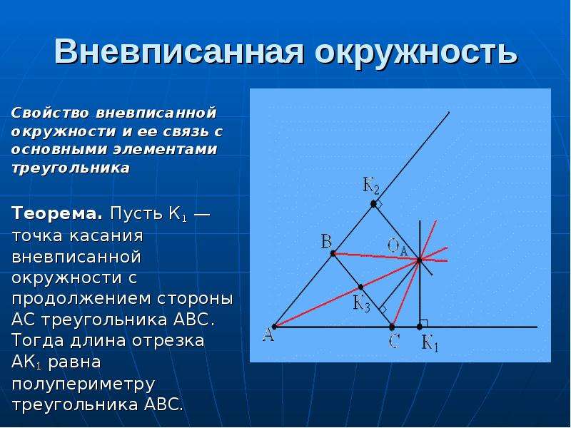 Свойства вневписанной окружности