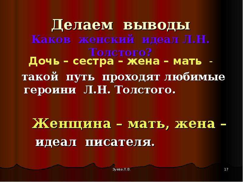 Каков вывод. Женский идеал Толстого. Каков идеал женщины у Толстого война и мир. Каков женский идеал для Толстого противопоставьте авторский идеал. Идеал женщины у л.н.Толстого.