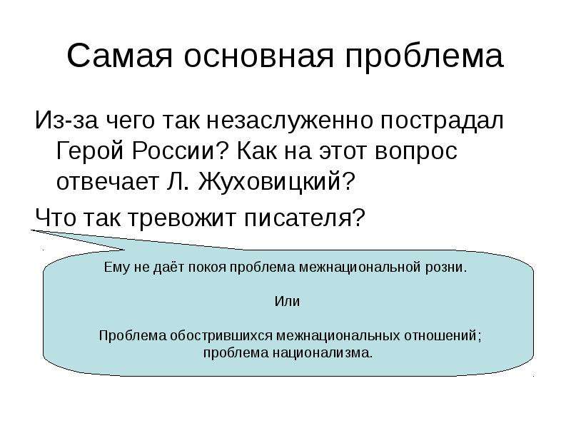 Основной комментариев. Основная проблема героя. Самый модный лозунг теперь и мы все охотно повторяем права человека. Сочинение по тексту Жуховицкого про национализм. Время Главная проблема.