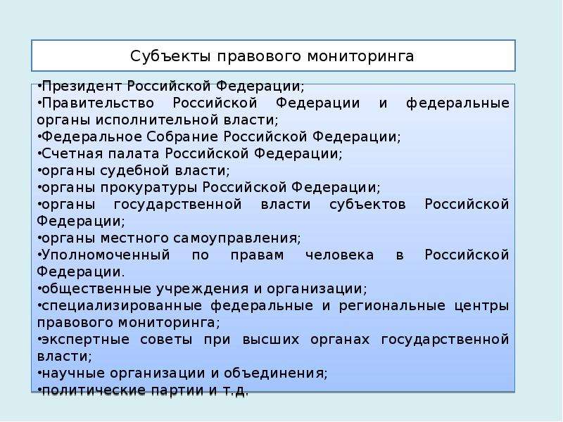 Нормативно правовой мониторинг. Субъекты мониторинга правоприменения. Виды субъектов мониторинга:. Понятие и виды субъектов мониторинга правоприменения. Субъекты правового мониторинга виды.