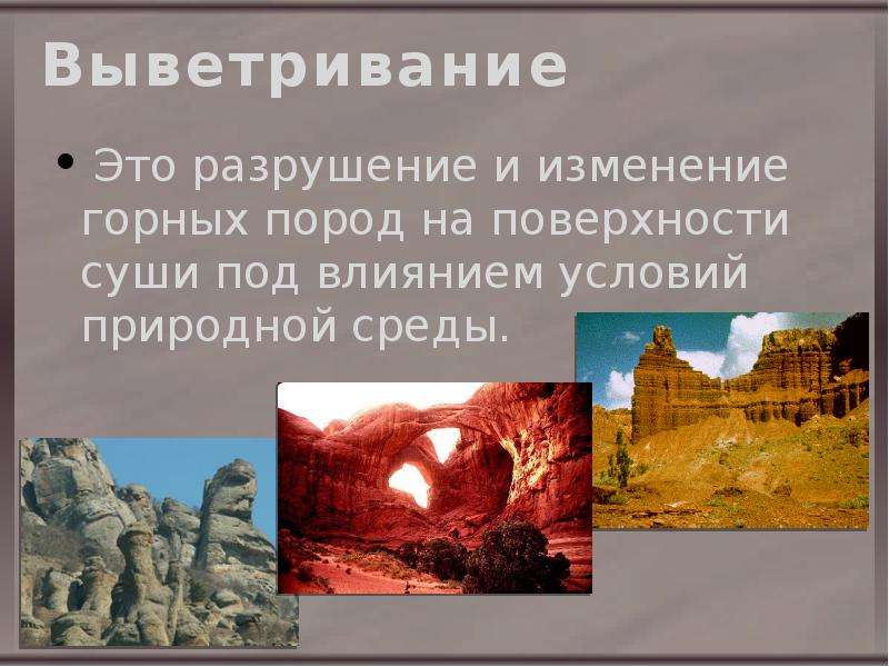 Под воздействием внешних сил. Выветривание — процесс разрушения и изменения горных пород суши. Выветривание это в географии. Выветривание презентация. Выветривание поверхности.