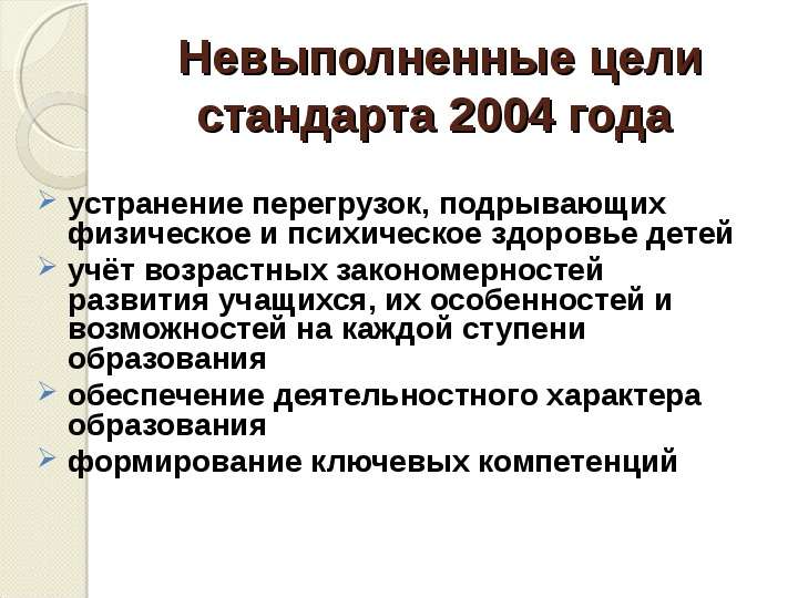 Цели стандарта. Невыполненные цели. Устранение перегрузок. Невыполненным оказалось. Невыполненные мероприятия.