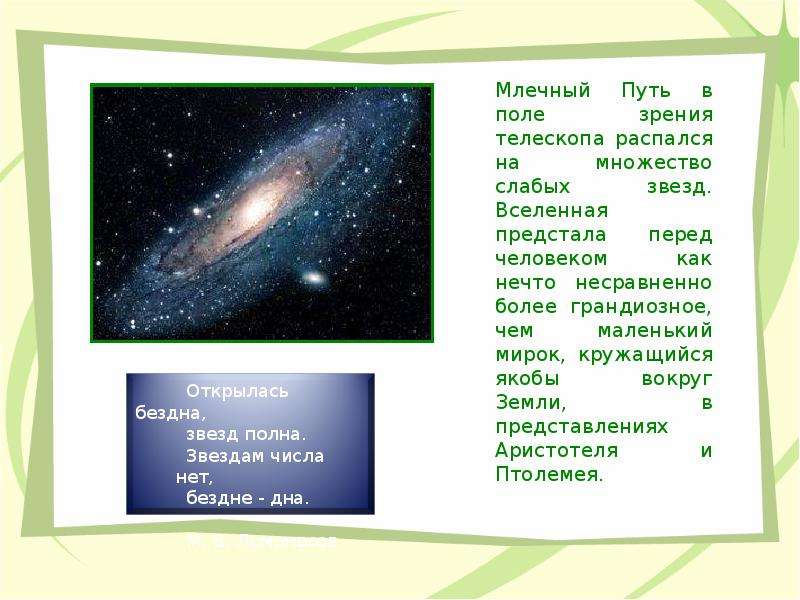 Кому принадлежит строка открылась бездна звезд полна. Эволюция представлений о Вселенной. Поле зрения телескопа.