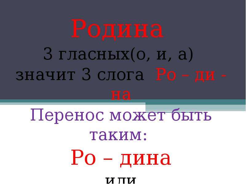 Слова в которых гласные обозначают слог. Перенос гласных. Слова для переноса Родина. Разделить слово Родина для переноса. Слоги Родина.